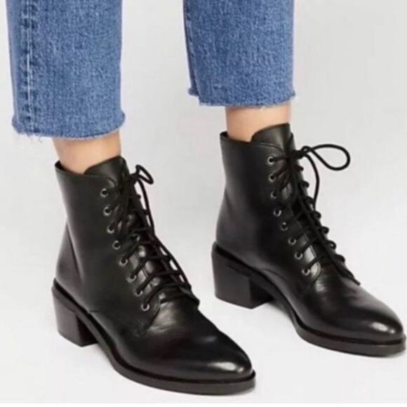 Jeffrey Campbell X Free People Combat Lace Up Black Leather Boots Size 6 - Picture 1 of 12